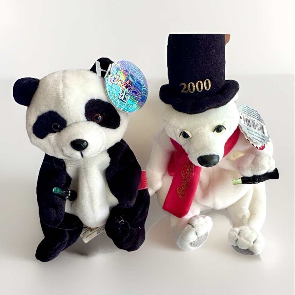 Coca-Cola Bean Bag Plush Set w/ Tags Zongshi Panda 1999 and Polar Bear 2000 Gift